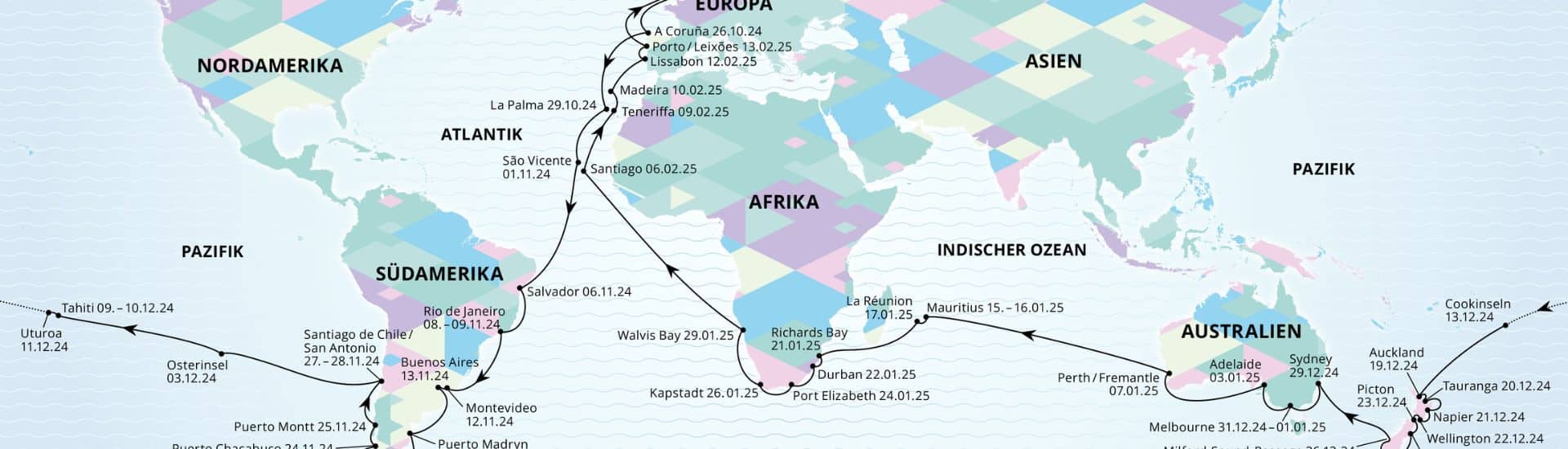  AIDAsol Weltreise und -teilstrecken 2024/2025 - Kreuzfahrten.net Illustration 